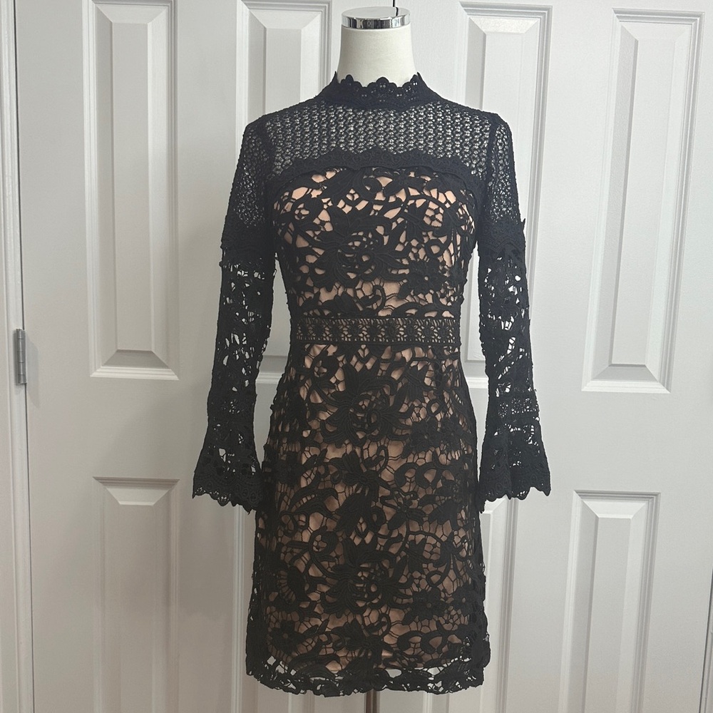 Lily McBee Little Black Dress Lace  Long Sleeve Mock-neck Mini Cocktail Size S